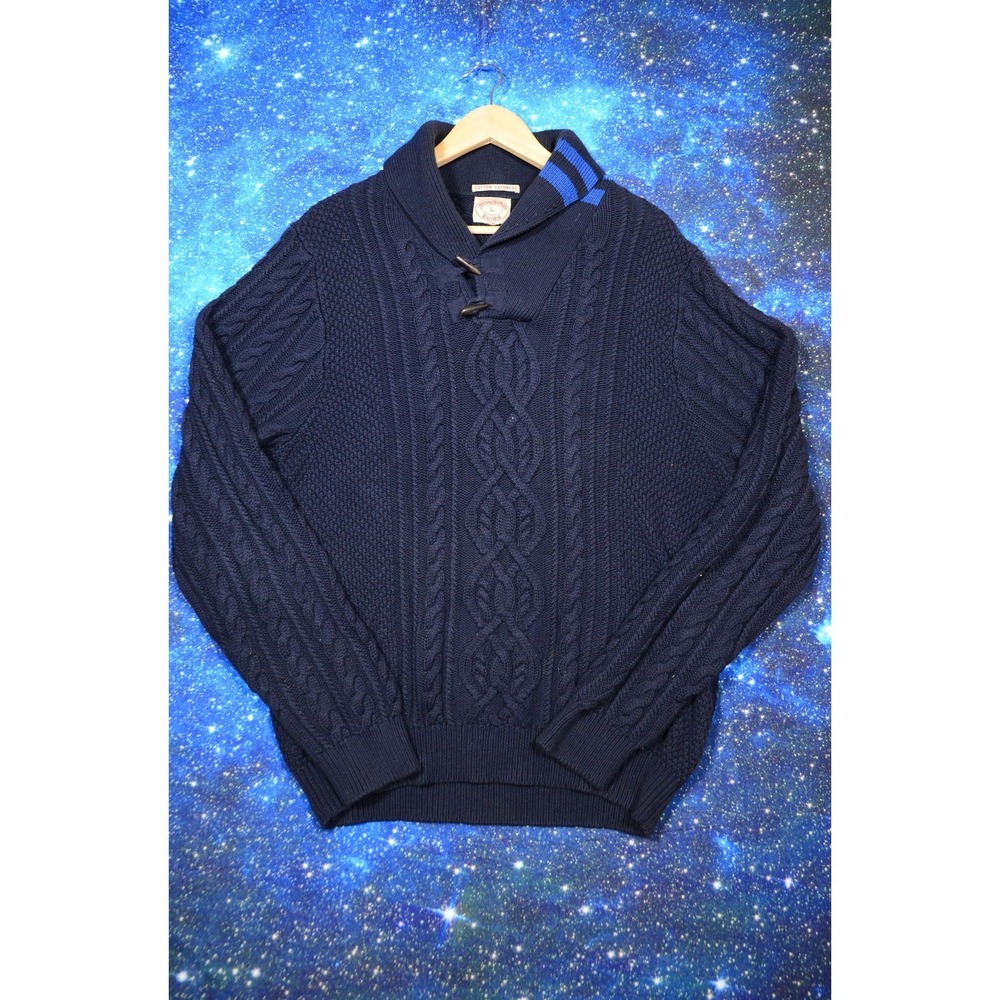 Brooks Brothers Sweater Mens Large Blue Cable Knit Shawl Collar Toggle Pullover